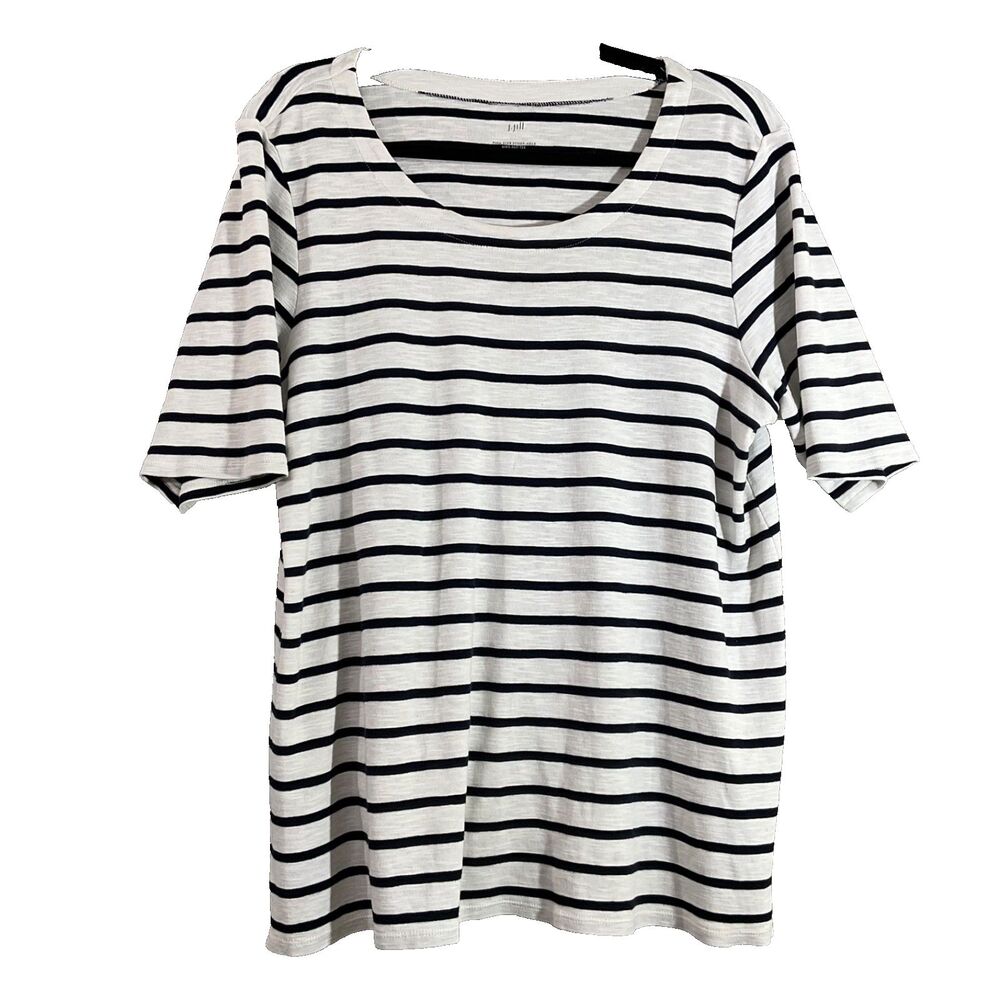 J JIll Pima Slub Scoop Neck Side Slit Tee Navy White Striped Shirt Women’s XL